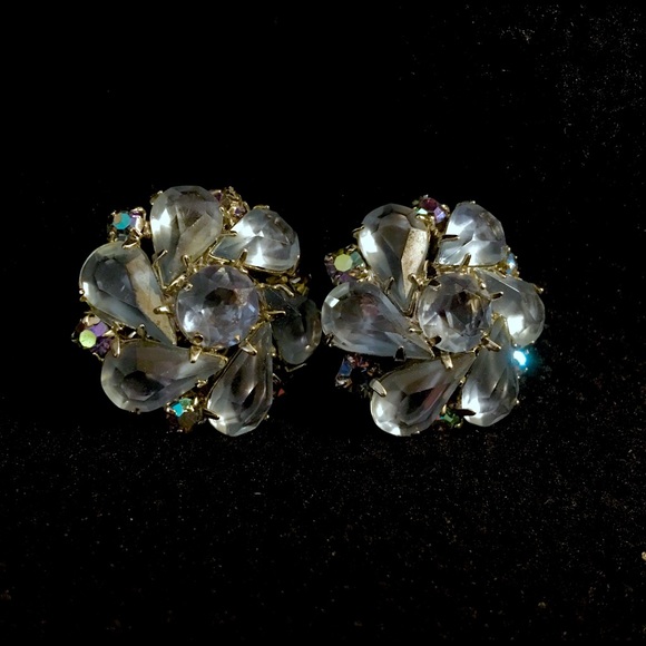 Vintage Light Blue Rhinestone Clip Earrings - Picture 1 of 8